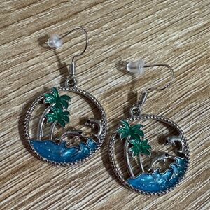 Tropical Palm Tree with Ocean and Dolphins Earrings